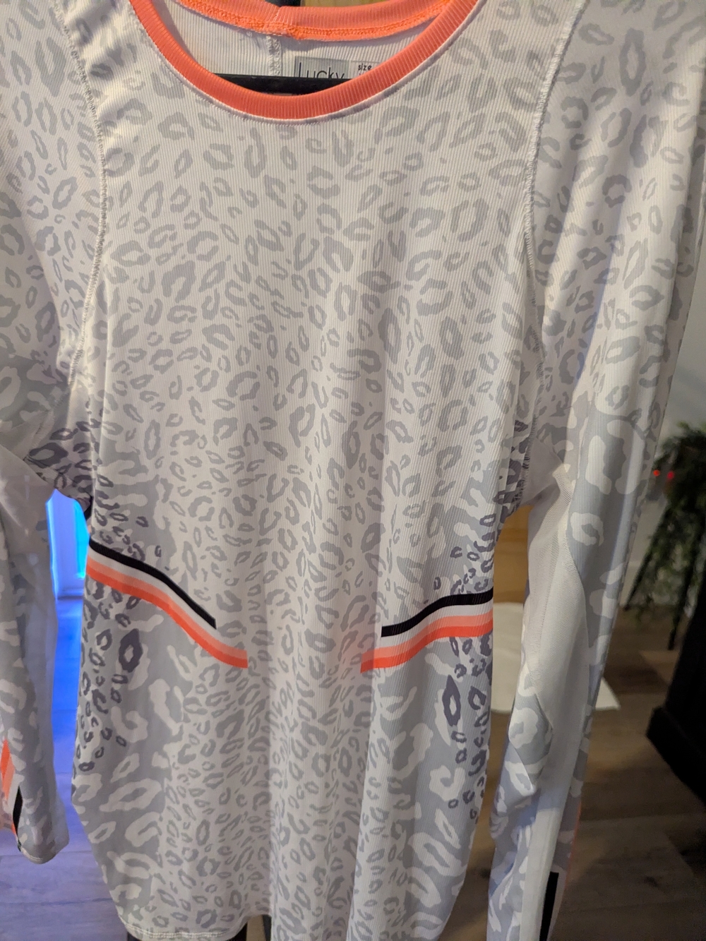 2 Lucky in Love Gray Animal Print Long Sleeve Top with Coral Trim